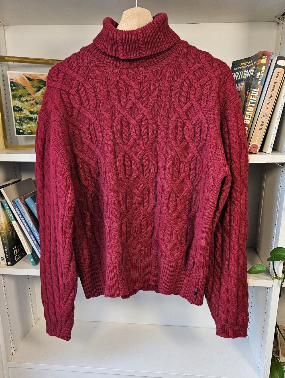Cable Knit Turtleneck Sweater Wool Cashmere Berry Red Size Large Cozy Fall